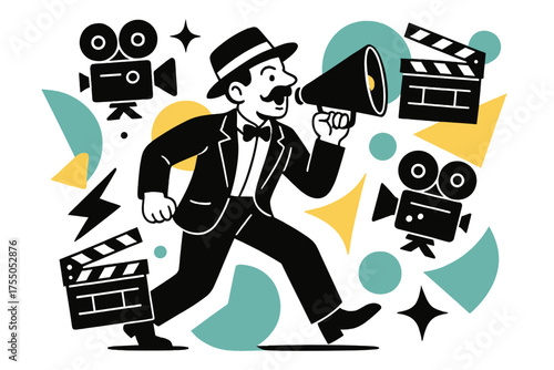 Silent Film Creativity. Silent movie vibe. Film director with megaphone on a silent movie set, floating cameras and clapperboards, abstract geometric shapes
