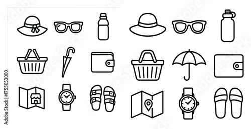 Travel essentials line icons set – outline, vacation, trip planning symbols