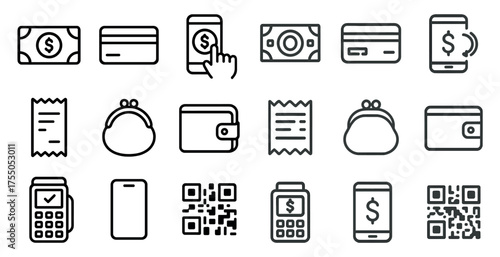 Finance and payment outline icons set – linear, solid, currency and transaction symbols