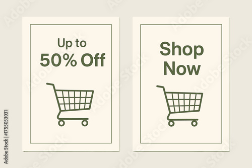 Minimal Sale Banners. UP TO % OFF. Two vertical A6 banners with safe margins, centered composition, no elements touching edges, minimal design, olive green and