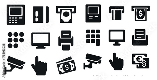 Banking and finance solid icons set – silhouette, transaction and money symbols