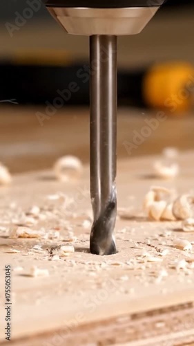 Close up of a drill bit boring into wood for a manufacturing process