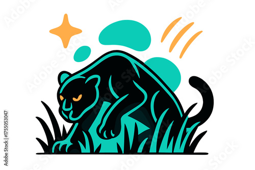 Stealthy Glowing Panther. Stealthy Panther. A glowing panther crouched in tall grass, abstract floating spark and claw shapes symbolizing silent power. Modern