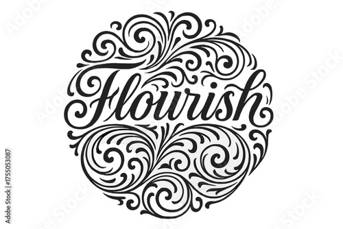 Ornamental Flourish Lettering. Flourish Lettering with swashes and curls around text, medium thickness curls, classic ornamental style, circular composition