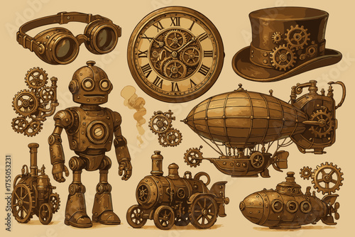 Steampunk Fantastical Inventions. Steampunk inventions. Steampunk inventions, gears, clockwork mechanisms, steam engines, airships, submarines, robots,