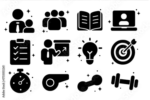 Mentorship Icons Set. Mentorship. Solid icons set of Mentorship: instructor, student, group of people, open book, laptop, checklist, presentation board,
