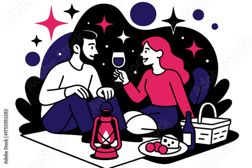 Lantern-Lit Picnic Bliss. Evening Picnic. Couple enjoying a lantern-lit picnic, floating abstract stars and lights, cozy and intimate outdoor atmosphere.