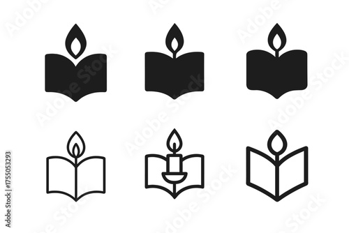 Candlelit Reading Logos. Reading by candlelight. Set Logo of Cozy reading: candle flame illuminating book. harmonious logo variations of the same emblematic