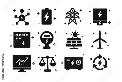 Load Management Icons. Load Management. Solid icons set of Load Management: microgrid hub, battery storage, power lines, inverter, control panel, smart meter,