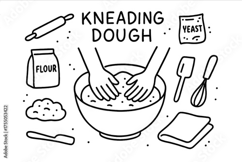 Doodle Dough Kneading. Kneading Dough. Hand-drawn doodle illustration Kneading Dough bowl rolling pin hands flour dough yeast bench cloth spatula whisk. Simple