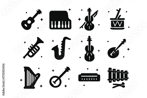 Musical Icons Grid. music instruments. Solid icons set of music instruments: guitar, piano, violin, drum, trumpet, saxophone, cello, flute, harp, banjo,