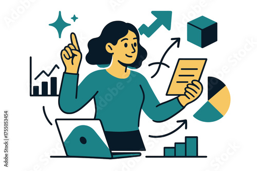 Strategic Glow. Decision making. Glowing woman with documents and laptop, surrounded by charts and graphs. Floating icons of sparkle, cube, and arrow