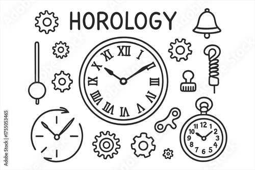 Horology Doodle Elements. Horology. Hand-drawn doodle illustration Horology clock face gears pendulum spring cogs hands key chime bell winding knob watch.