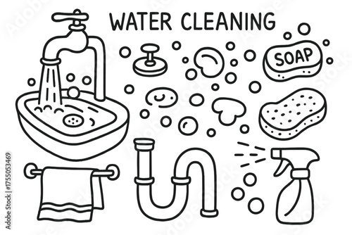 Water Cleaning Icons. Water Cleaning. Hand-drawn doodle illustration Water Cleaning faucet sink drain plug soap sponge water bubbles stream pipe towel spray.
