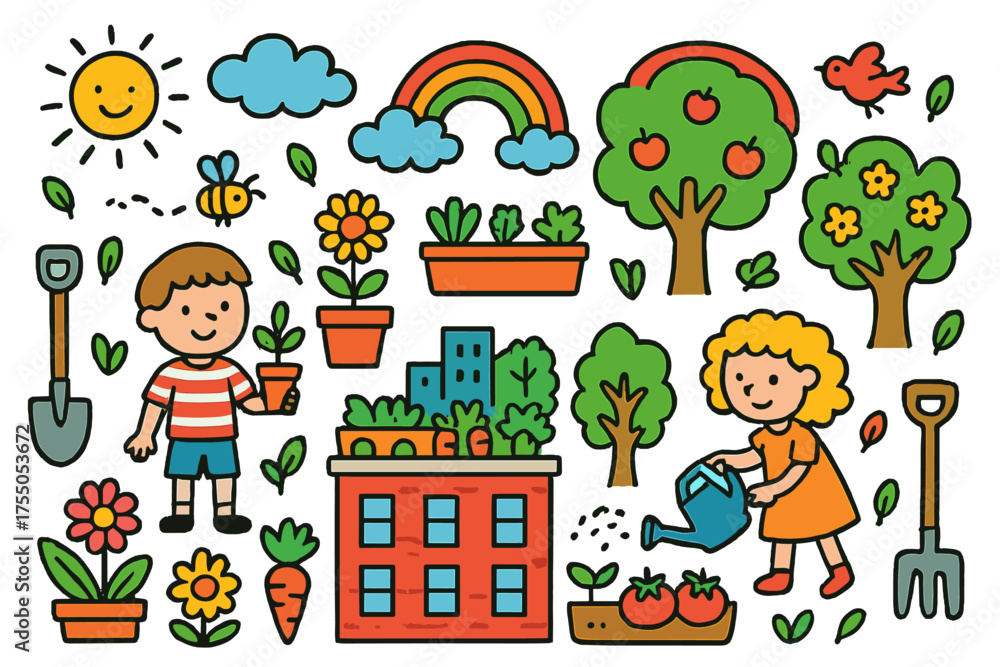 Fototapeta premium Rooftop Garden Adventure. Urban Gardening. Colorful Hand-drawn doodle Children illustration rooftop garden, pots, watering cans, plants, flowers, trees, sun,