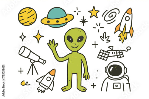 Cosmic Cartoon Adventure. Friendly Alien. Hand-drawn doodle illustration smiling alien (colored), UFO (colored), planet (colored), sparkle, star, rocket