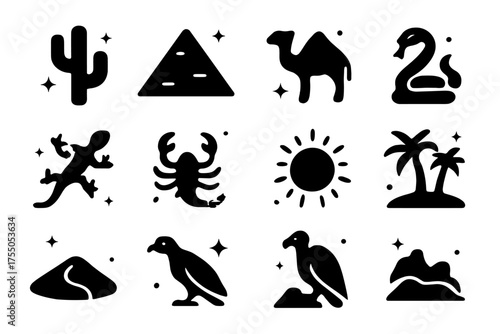 Desert Icon Collection. Desert. Solid icons set of Desert: cactus, sand, pyramid, camel, snake, lizard, scorpion, sun, oasis, palm tree, dune, vulture. Filled