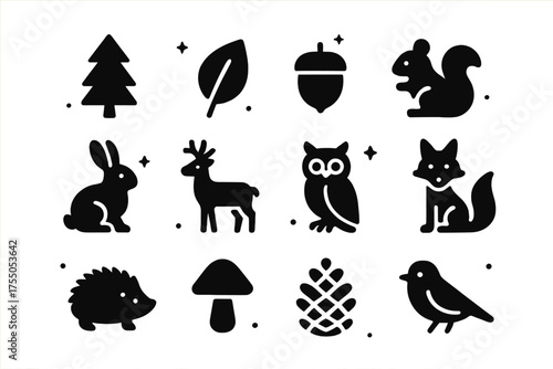 Forest Icons Ensemble. Forest. Solid icons set of Forest: tree, leaf, acorn, squirrel, rabbit, deer, owl, fox, hedgehog, mushroom, pinecone, bird. Filled icons