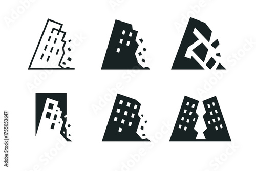Building Collapse Logos. Building Collapse. Set Logo of Building Collapse: crumbling structure silhouette. harmonious logo variations of the same emblematic