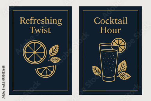 Refreshing Cocktail Banners. Vibrant Drinks. Two vertical A6 banners with safe margins, centered composition, no elements touching edges, minimal, navy and