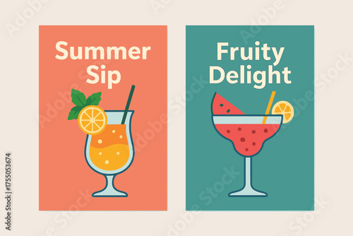 Colorful Cocktail Banners. Colorful Cocktails. Two vertical A6 banners with safe margins, centered composition, no elements touching edges, flat vector design,