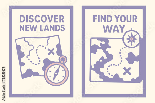 A6 Exploration Banners. Exploration. Two vertical A6 banners with safe margins, centered composition, no elements touching edges, flat vector design, lavender