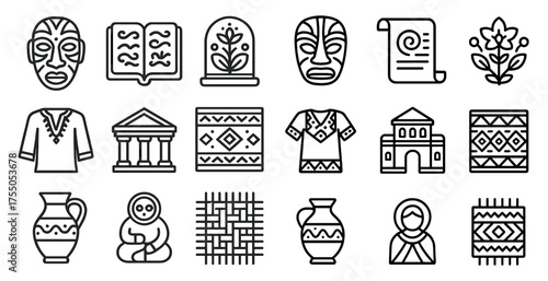 Cultural heritage outline icons set – linear, traditional, history and tribal symbols