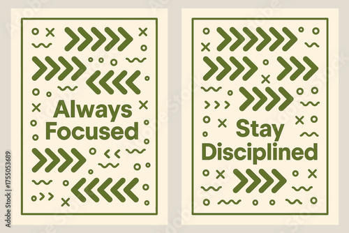 Motivational A6 Banners. Inspiration. Two vertical A6 banners with safe margins, centered composition, no elements touching edges, memphis style, olive green
