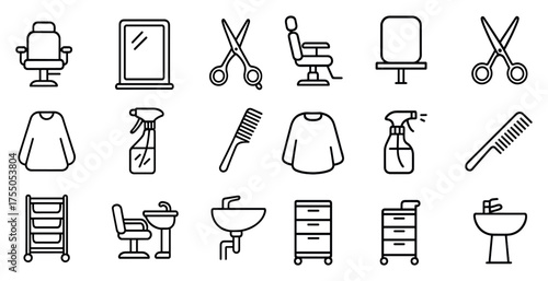 Barbershop essentials line icons set – grooming, hairdressing tools and equipment