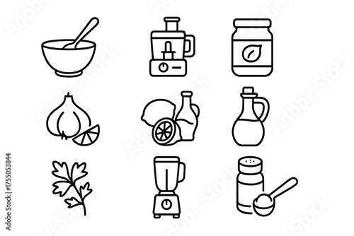 Hummus Icon Set. Hummus preparation. Line icon set of Hummus preparation: mixing bowl, wooden spoon, food processor, tahini jar, garlic, lemon, olive oil,
