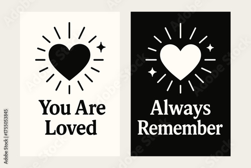 Affirmation Banner Design. Affirmation. Two vertical A6 banners, flat vector design, black and white backgrounds, simple heart emblem with radiant lines and