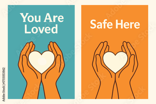Warm Hands Comfort. Comfort. Two vertical A6 banners, minimal, turquoise and orange backgrounds, warm hands cradling a glowing heart, first banner with text
