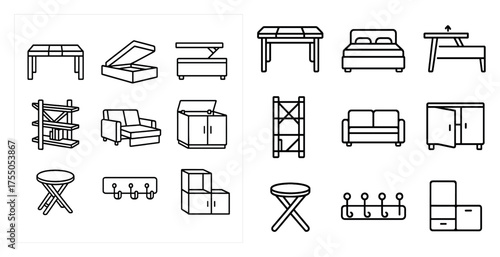 Furniture and home outline icons set – linear, decor, interior design symbols