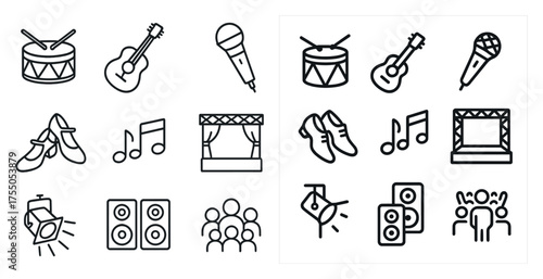 Music and performance icons set – line, outline, instruments and stage symbols