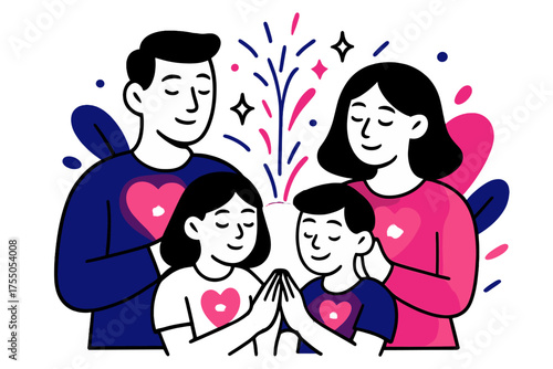 Praying Family Unity. Family thanks. A small group standing together, hands joined in prayer, glowing hearts and abstract sparks rising upward in unity. Modern