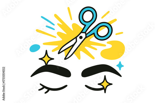 Precision Eyebrow Scissors. Precision trimming. Small scissors glowing with abstract lines around, hovering above eyebrow shapes and sparkles showing clean