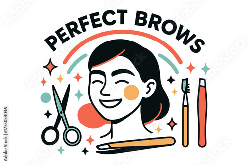 Perfect Brow Tools. Perfect brows. Eyebrow grooming tools arranged in a neat glowing layout, abstract arcs showing defined shapes, sparkles floating around for