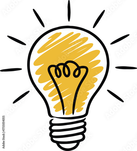 stylized lightbulb scribble vector illustration idea icon for creativity and innovation, yellow glow, minimalist design