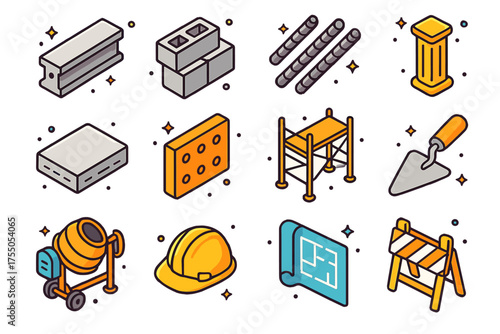 Colorful Construction Icons. Structural elements. Colorful isometric vector icons set of structural elements: concrete beam, cinder blocks, rebar rods, column,