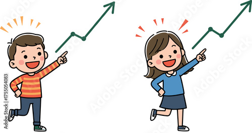 Cartoon Children Celebrating Success with Upward Arrow Symbolizing Growth, Motivation, Achievement, Progress, Education, Happiness, and Positive Development Concept