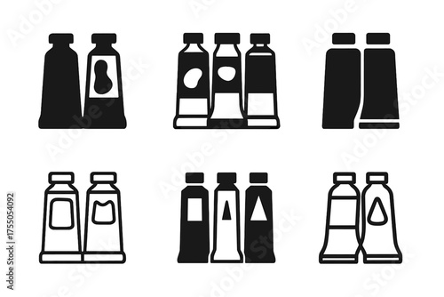 Art Studio Logos. Studio corner with art supplies. Set Logo of Art studio: paint tubes. harmonious logo variations of the same emblematic concept, each with