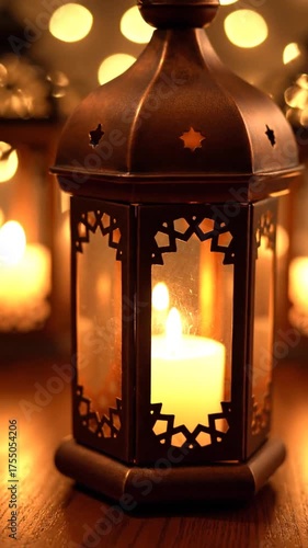 Decorative lanterns with lit candles indoors warm glow