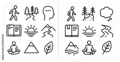 Nature and meditation outline icons set – linear, serene, outdoor relaxation symbols
