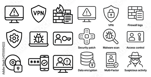 Cybersecurity and protection icons set – outline, linear, data security symbols