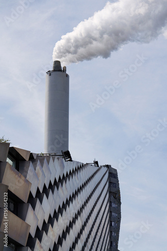 Amager Bakke known as Amager Slope or Copenhill, combined heat and power waste to energy plant with recreational facility, dry ski run and hiking trail, Copenhagen, Denmark