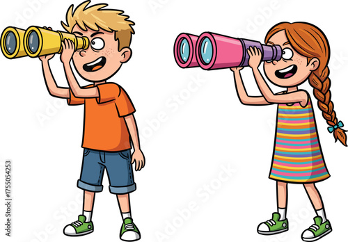 Cartoon kids exploring with binoculars, outdoor adventure, curiosity, nature observation, educational activity, summer fun, colorful children illustration vector