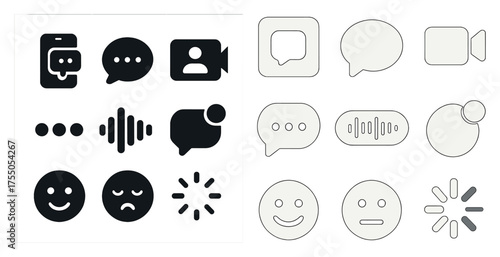 Communication and chat icon set – solid, flat, speech bubble and message designs