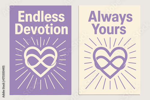Endless Devotion Banners. Devotion. Two vertical A6 banners, bold, lavender and cream backgrounds, infinity heart with radiant lines, first banner with text