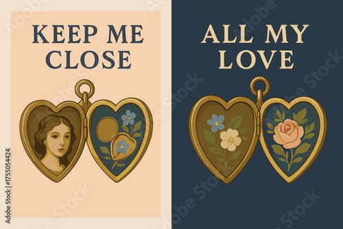Keepsake Banner Design. Keepsake. Two vertical A6 banners, pastel, navy and gold backgrounds, locket opening to reveal tiny portrait and flowers, first banner