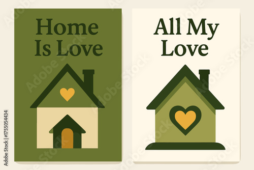 Home Love Banners. Home. Two vertical A6 banners, geometric, olive green and cream backgrounds, cozy house with heart-shaped window and warm light, first